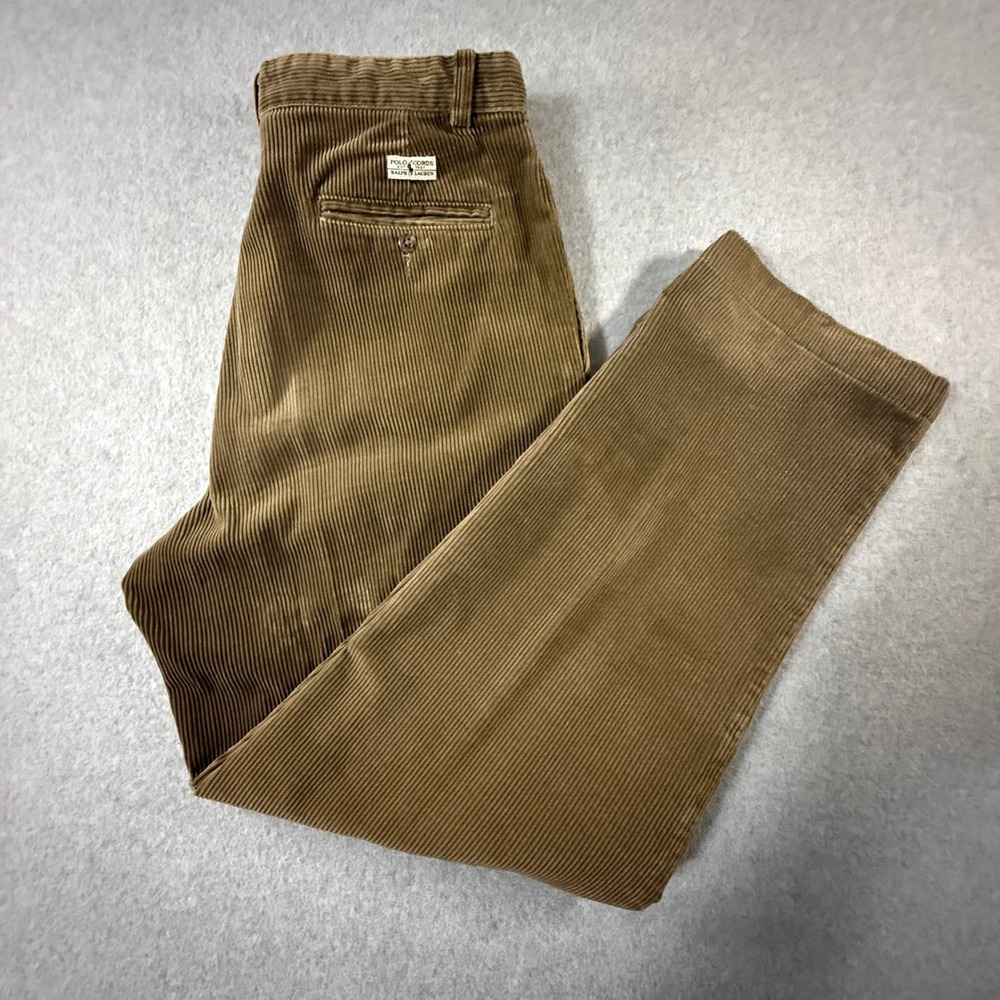 Vintage Polo Ralph Lauren Cords Brown Corduroy Pleated Pants Mens 34x31 USA Made